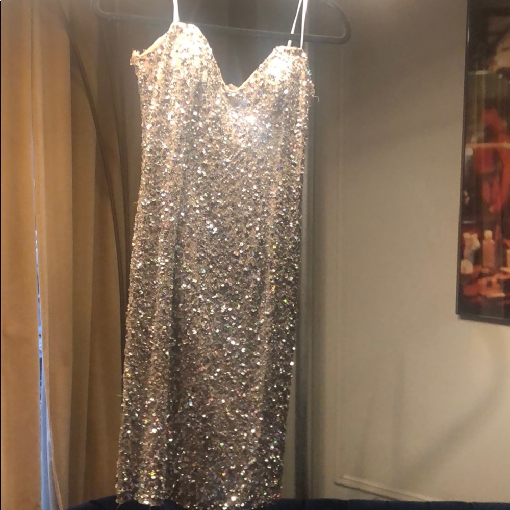 Strapless sequined silver cocktail dress